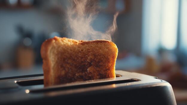A black toaster with two slices of freshly toasted bread, steam rising in a cozy kitchen