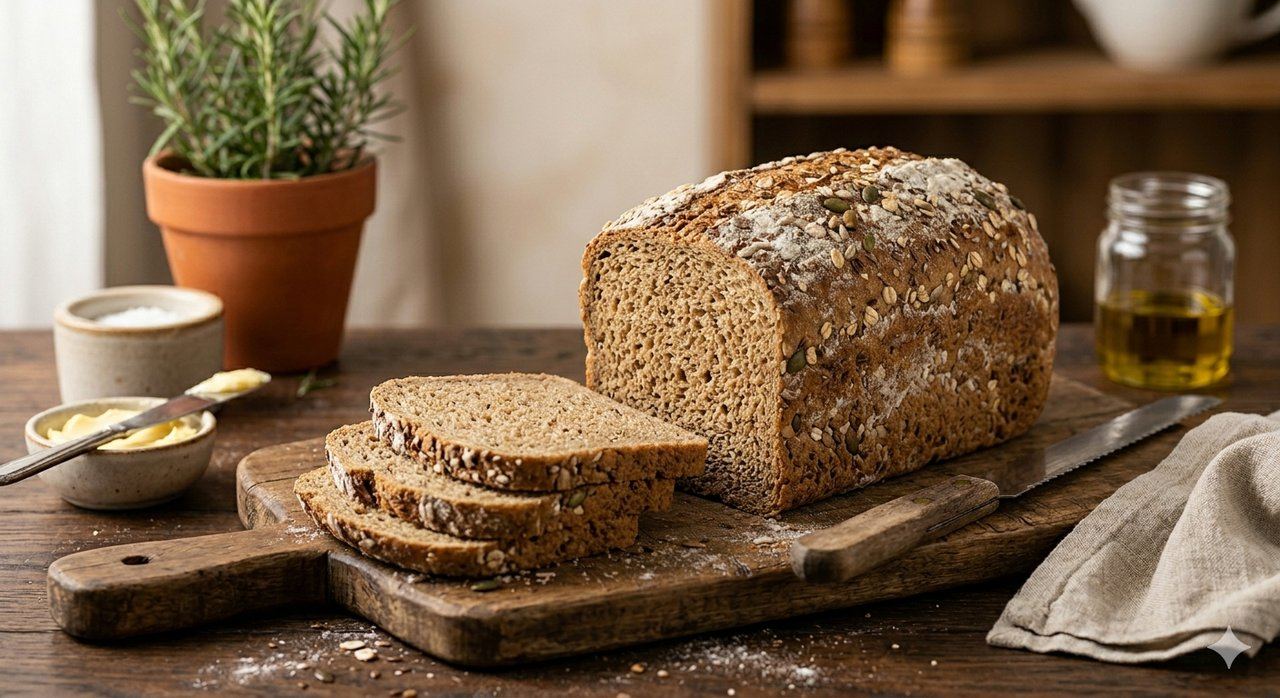BreadWinner whole wheat bread loaf with seeds, sliced on a wooden board